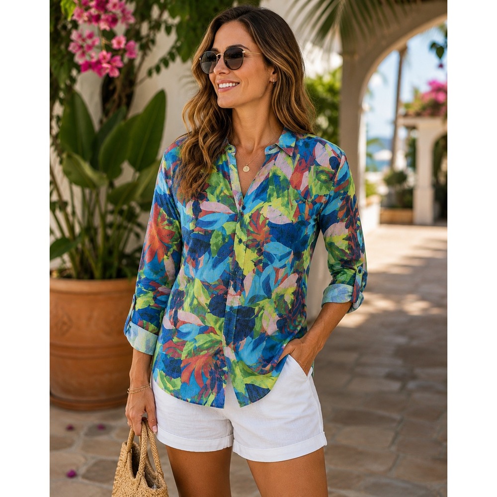Zac & Rachel Tropical Floral Lightweight Button Front Blouse Small Resort